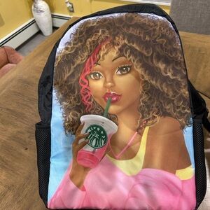 Illustrated Curly-Hair Girl Backpack in Black and Pink